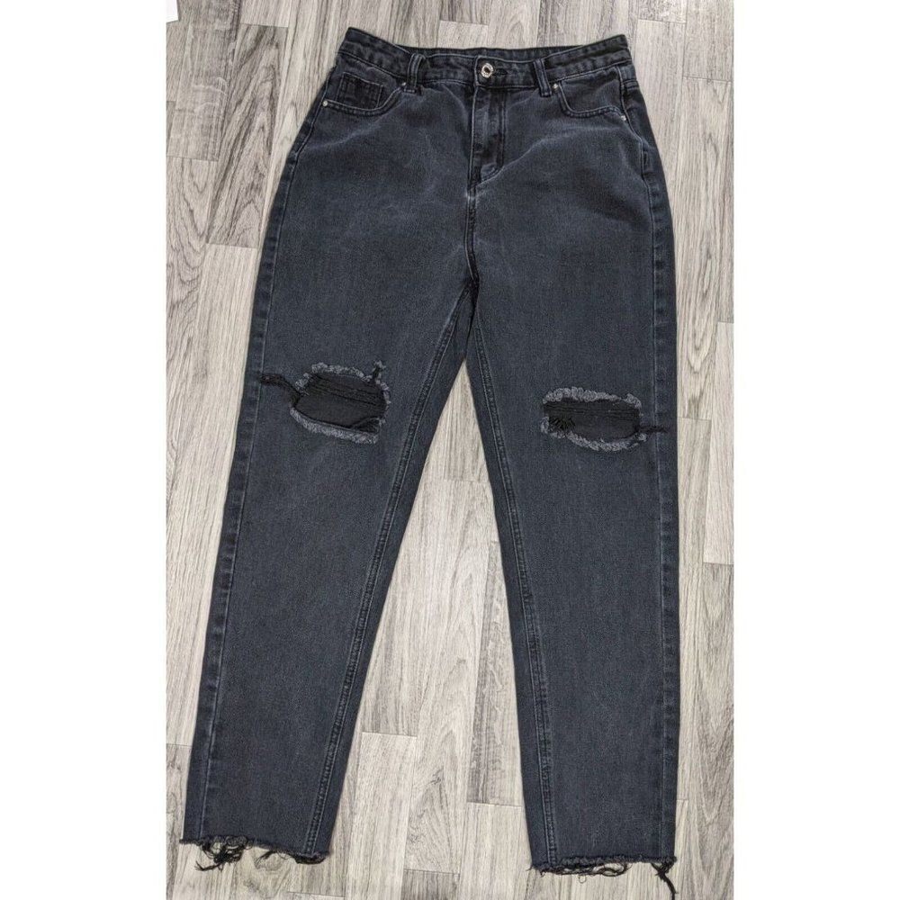 Shein‎ Womens Size Large Pockets Fringe Hem Distressed Black Denim Jeans